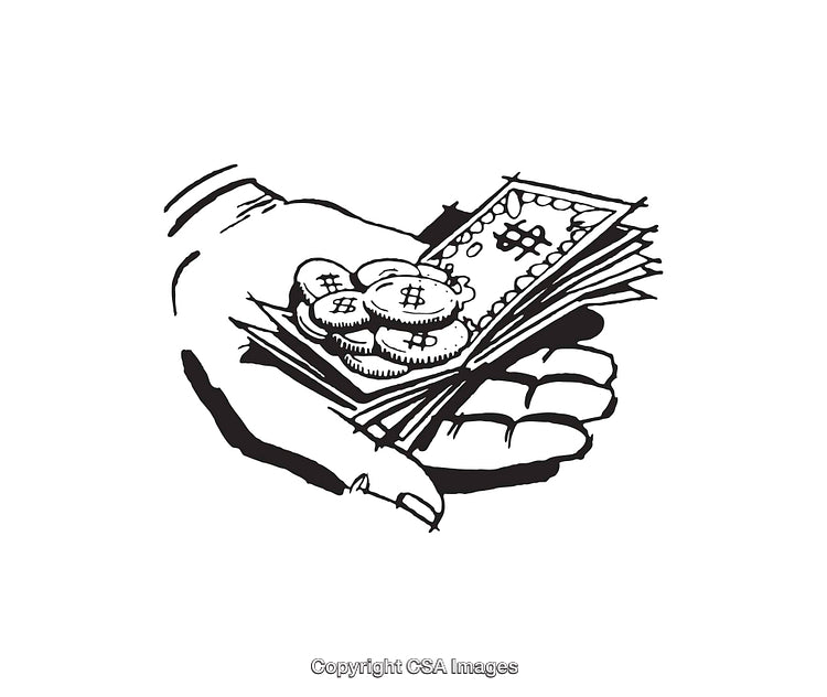 Black And White Sketch of Hand Holding Cash and Bitcoin Coins