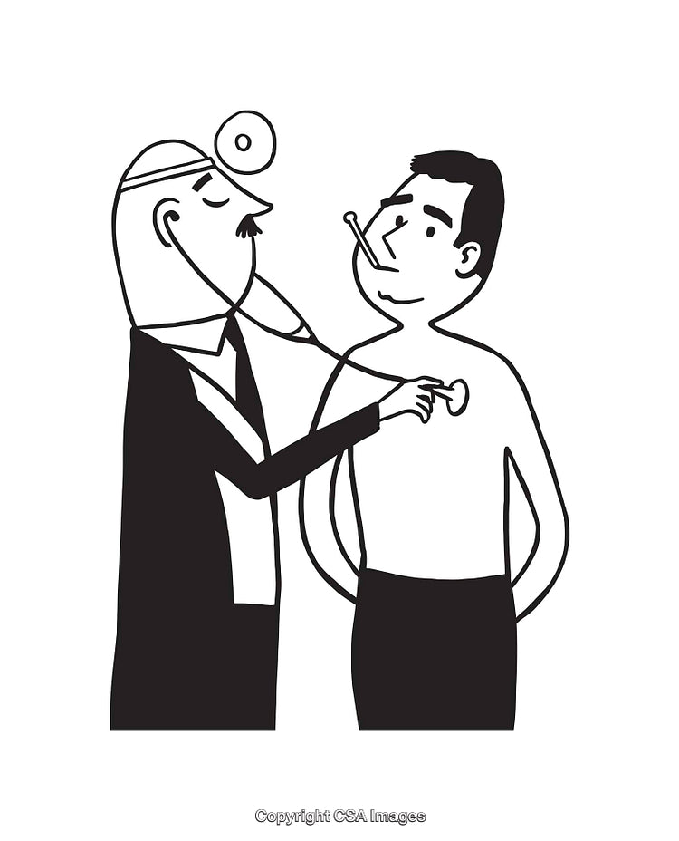 Black and White Cartoon of a Doctor and Patient Illustration