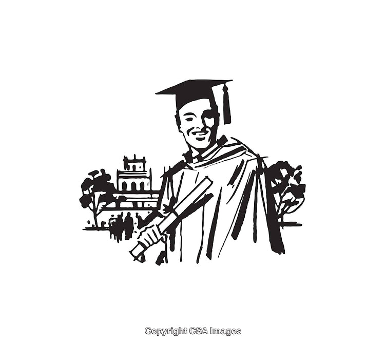 Graduation Celebration Line Art Illustration Featuring Graduate and Campus