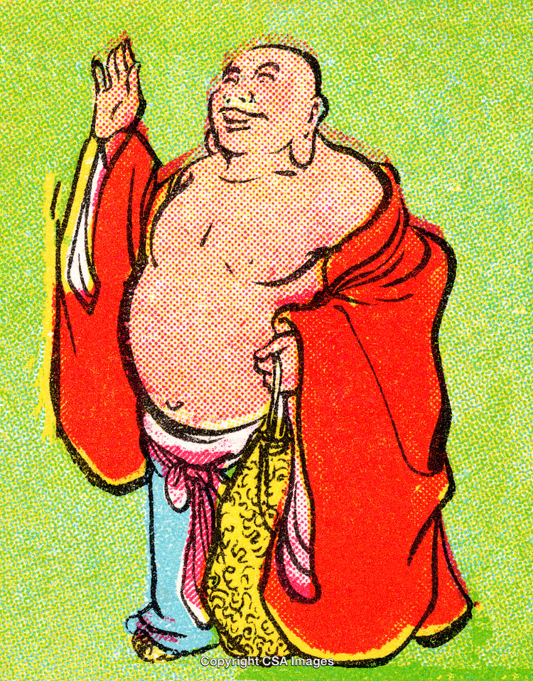 Cheerful Buddha Illustration With Red Robe and Bright Green Backdrop