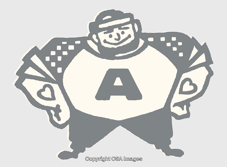 Illustrated Character with Playing Cards and Letter A Symbol