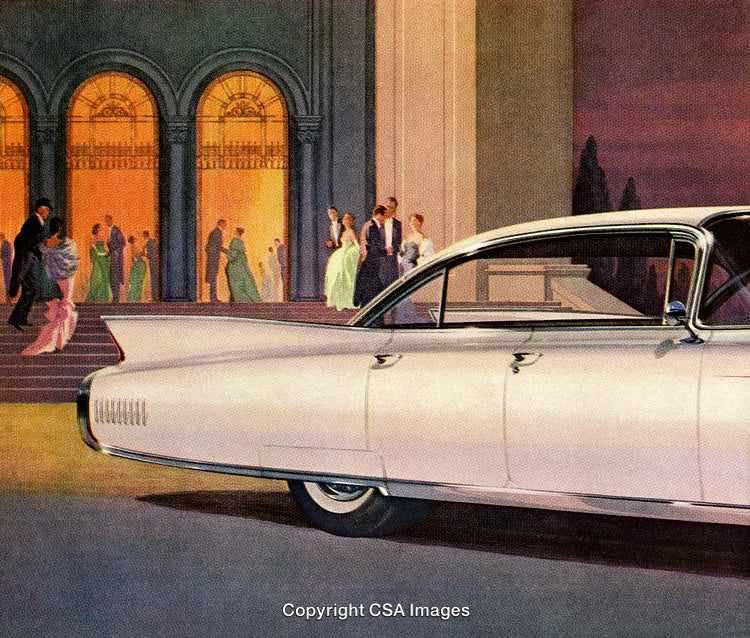 Vintage Car Parked Outside Elegant Event with Guests Entering Grand Venue