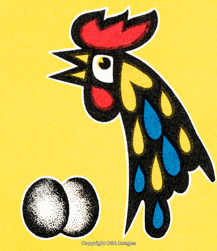 Colorful Rooster Illustration with Two Eggs on a Vibrant Yellow Background