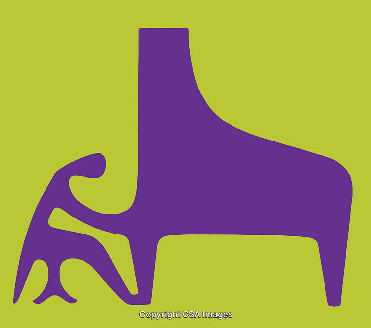 Purple Abstract Figure Playing Piano on Lime Green Background
