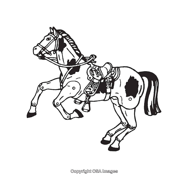 Black and White Line Art Illustration of a Saddled Horse in Motion