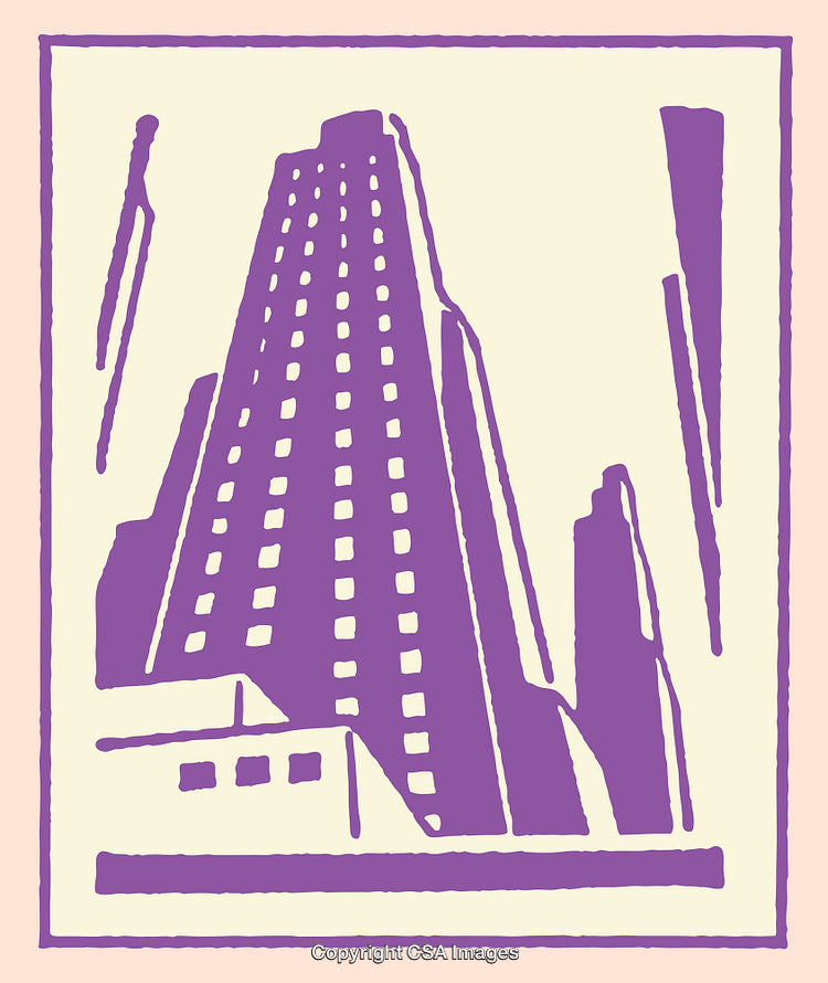 Stylized Purple Line Art Illustration of a City Skyscraper Scene