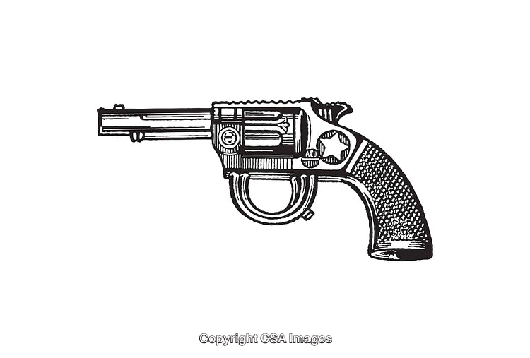 Detailed Black and White Vintage Line Art Revolver Illustration