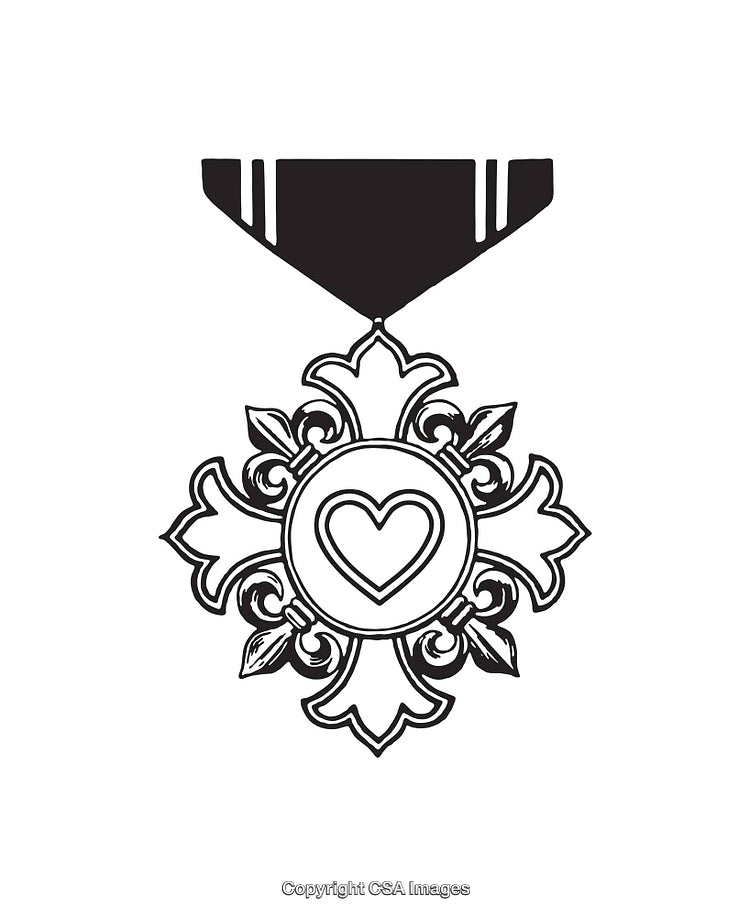 Black And White Illustration of Decorative Medal with Heart Design