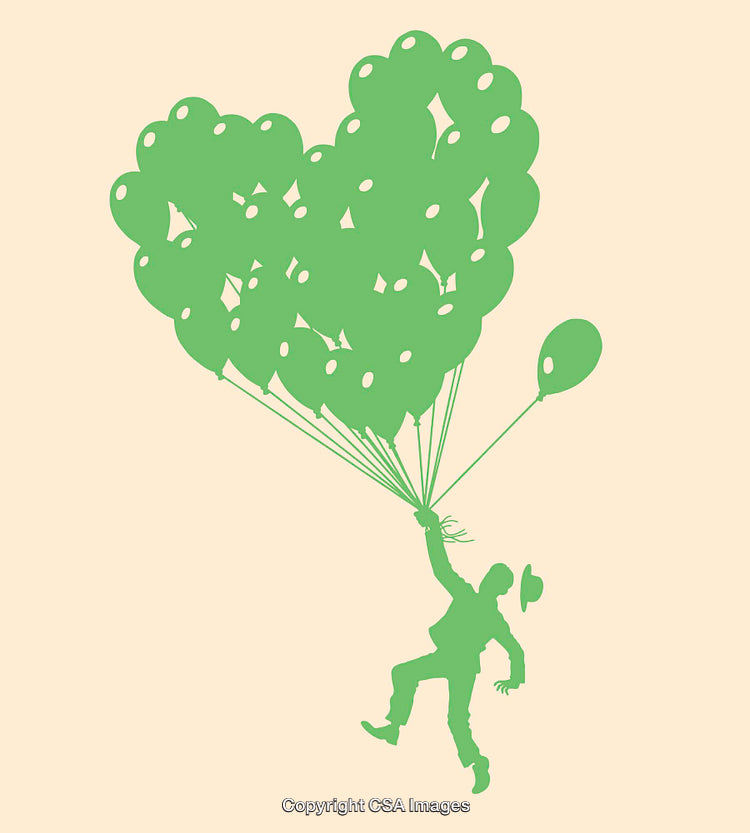 Silhouette of Person Held Aloft by Green Balloons in Heart Formation