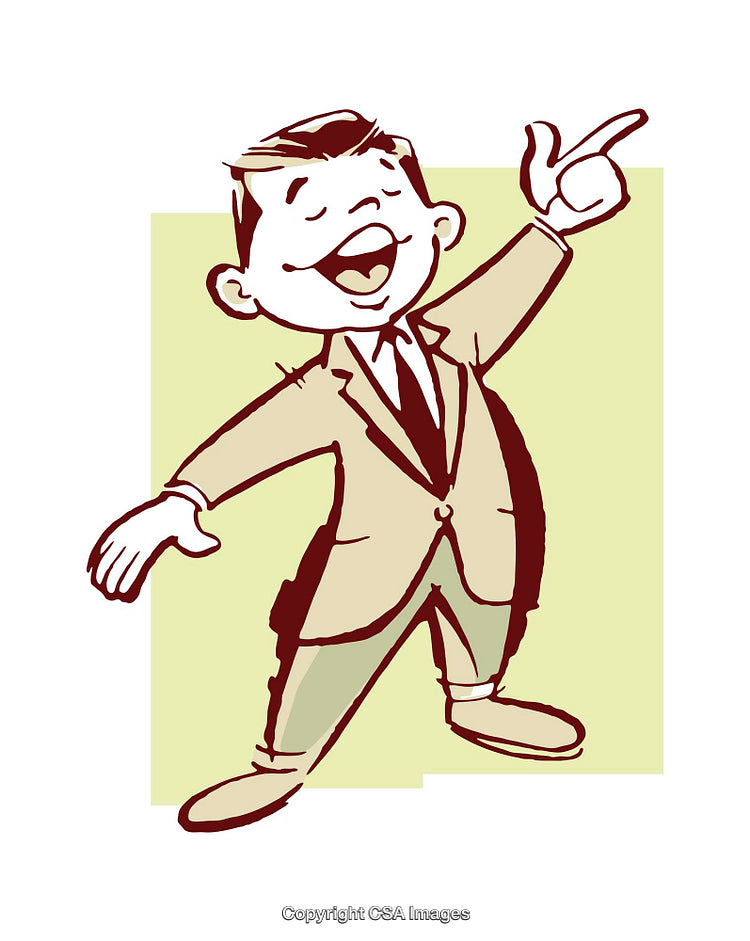 Cheerful Cartoon Businessman Pointing with Bright Expression and Dynamic Pose