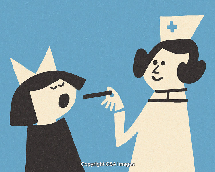 Medical Examination Illustration of Nurse and Child in Vintage Style