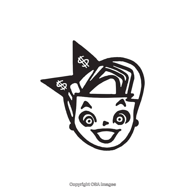 Black and White Line Art Illustration of a Happy Child with Dollar Symbols