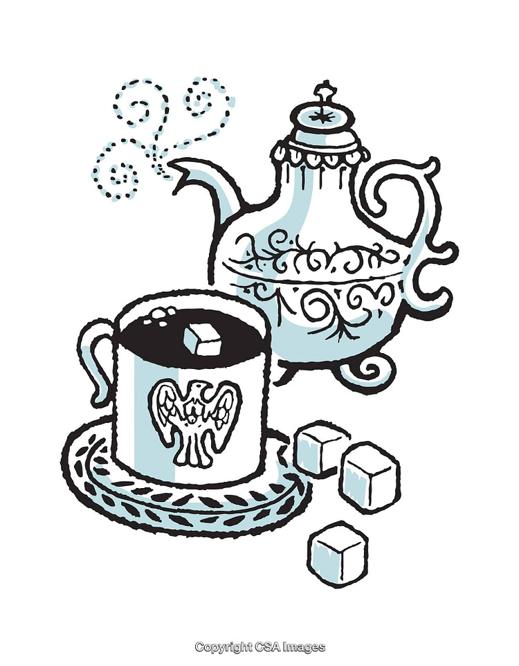 Elegant Tea Set Illustration with Cup, Teapot, and Sugar Cubes