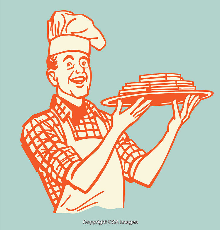 Retro Style Chef Serving Pancakes Emphasizing Joy and Hospitality