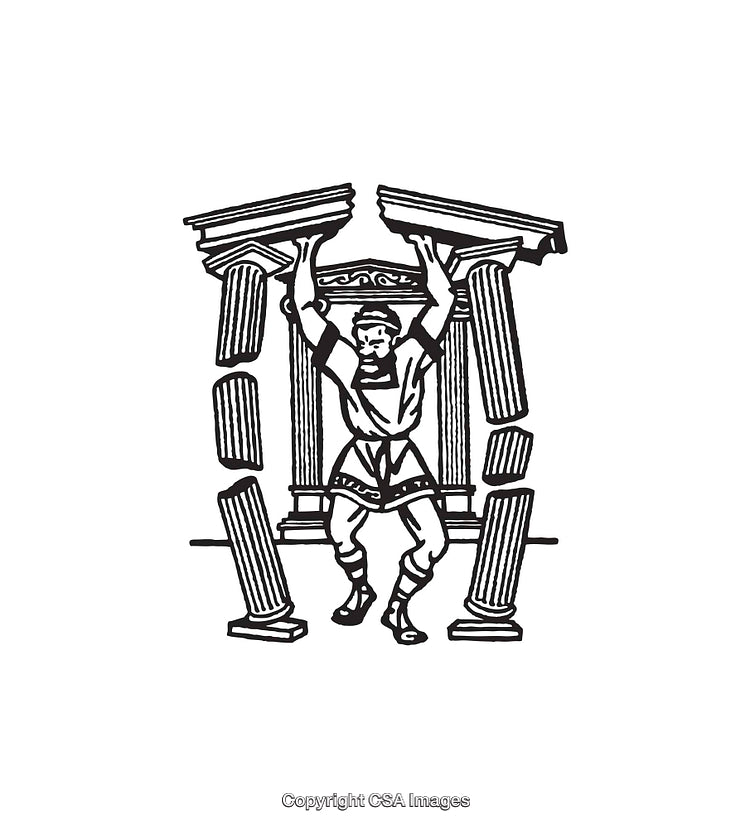 Black and White Line Art Illustration of a Strong Figure and Collapsing Pillars