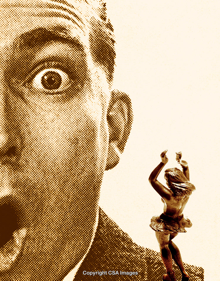Surprised Expression with Dancing Figurine in Retro Halftone Style