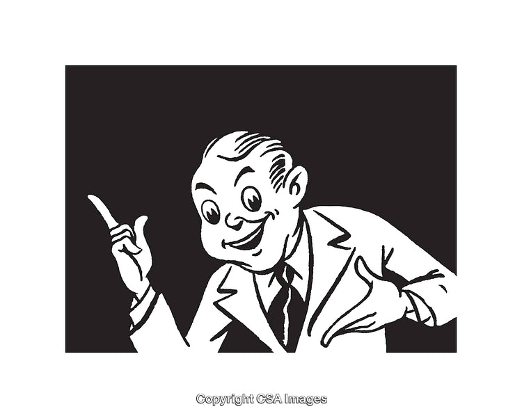 Vintage Style Black and White Illustration of a Smiling Man Pointing Upwards