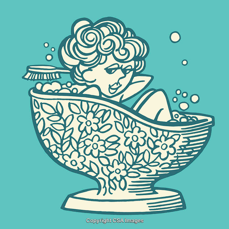 Whimsical Illustration of a Woman Enjoying a Floral Bathtub Bubble Bath