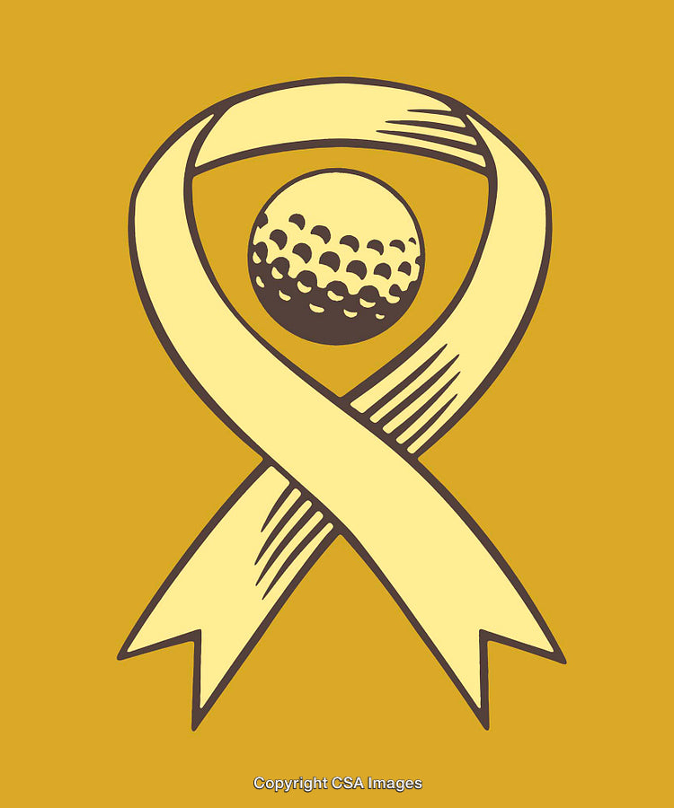 Yellow Ribbon and Golf Ball Illustration on a Brown Background