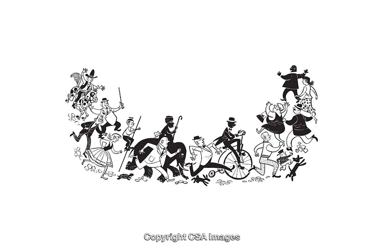 Black and White Line Art of People Engaged in Festive Activities