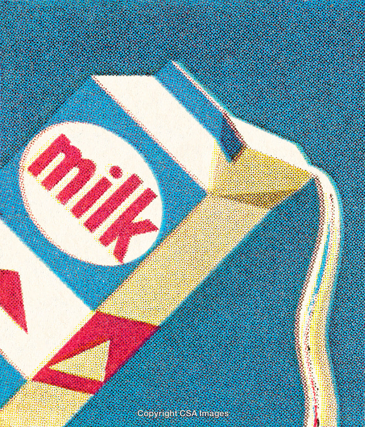 Retro Styled Milk Carton Close-Up in Halftone Design