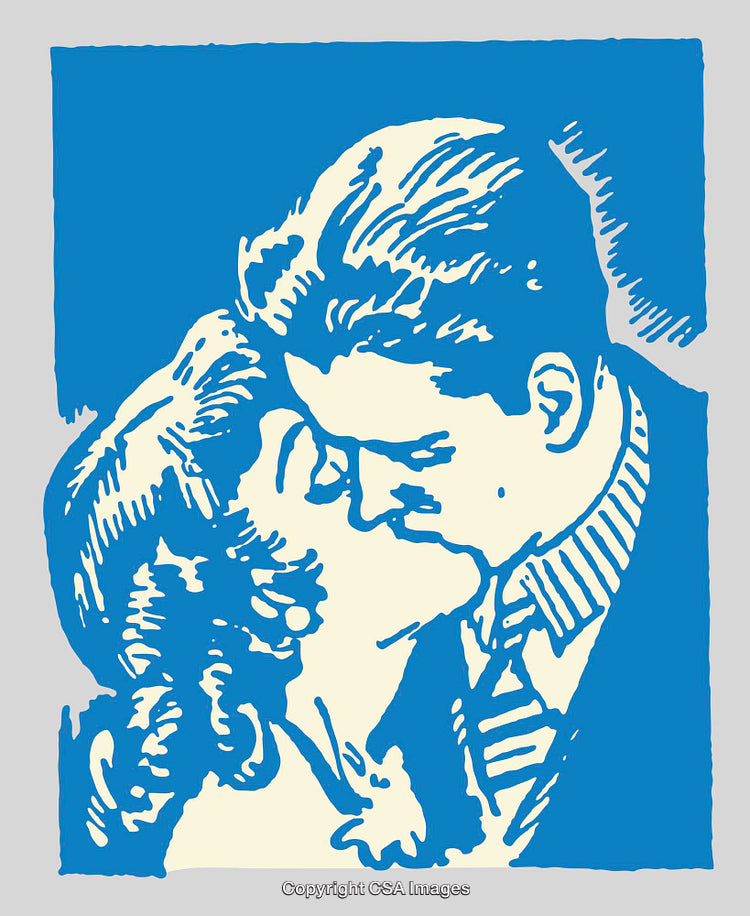 Artistic Blue Toned Kiss Depiction in Retro Line Art Style