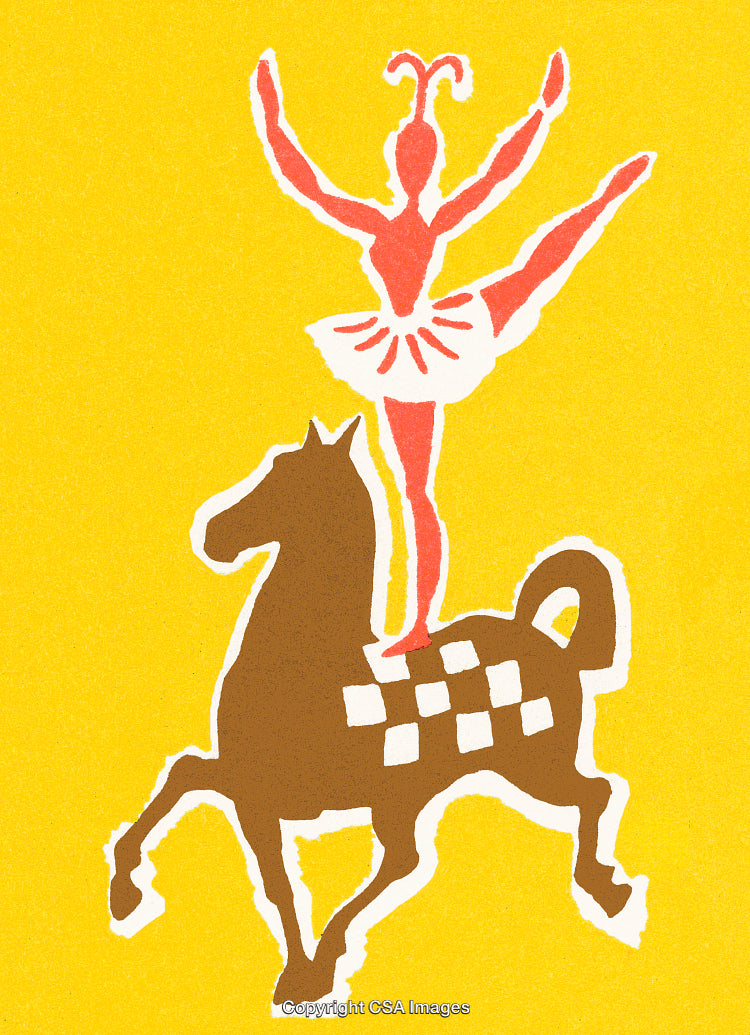 Colorful Illustration of Performer Balancing on a Decorative Checkered Horse