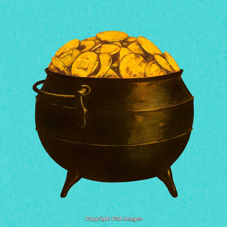 Pot Filled with Golden Coins Over Blue Background Symbolizing Wealth and Luck