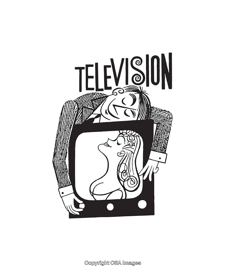 Whimsical Black and White Line Art Illustration of a Television Scene