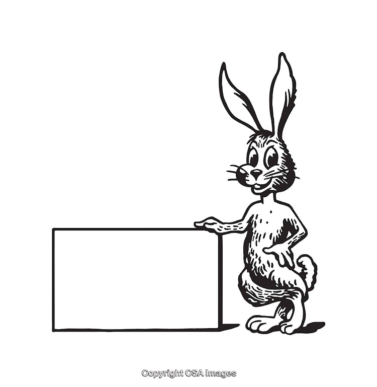 Cute Rabbit Line Art Illustration Holding a Blank Rectangle Sign