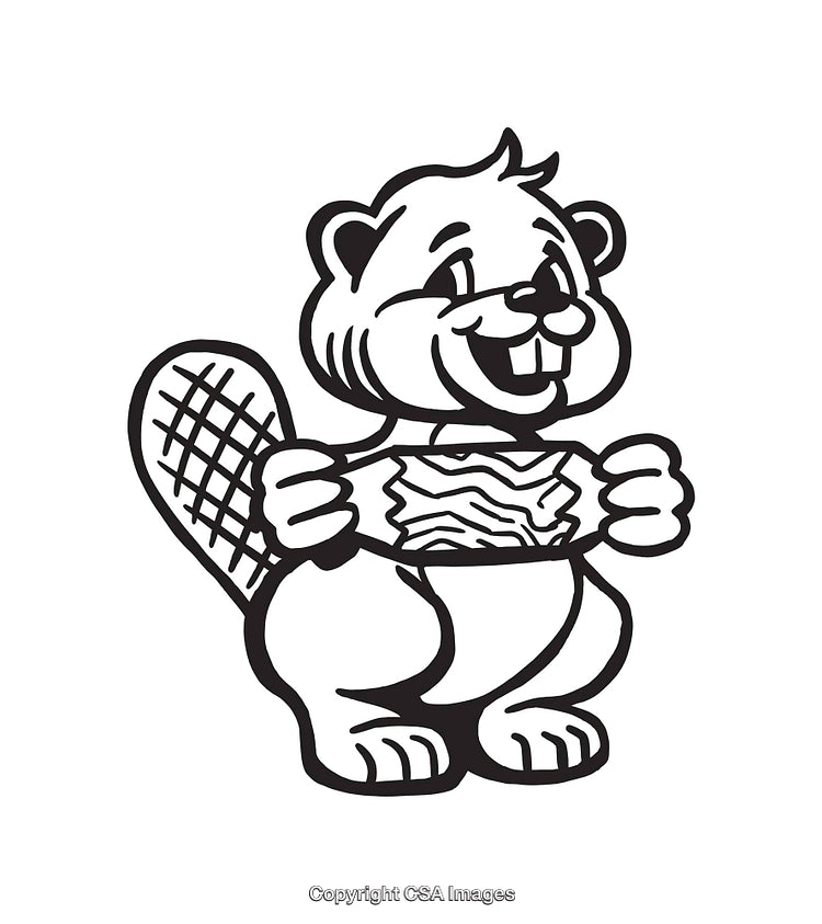 Cheerful Beaver Holding a Log Black and White Illustration