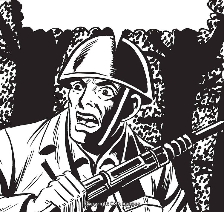 Vintage Comic Style Soldier Depicted in a Dramatic Moment Holding a Rifle
