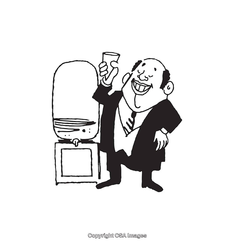 Businessman Near Water Cooler Holding Drink in Line Art Style