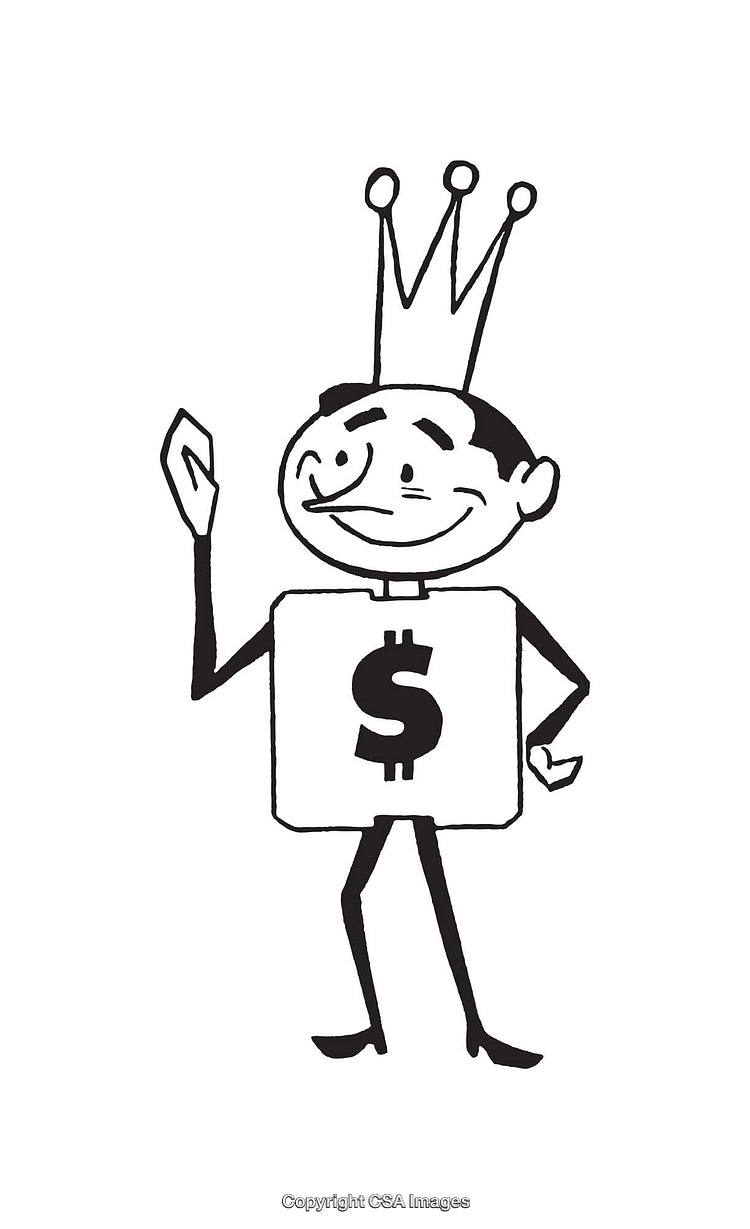 Cartoon Of A King Character With A Monetary Symbol Emblem