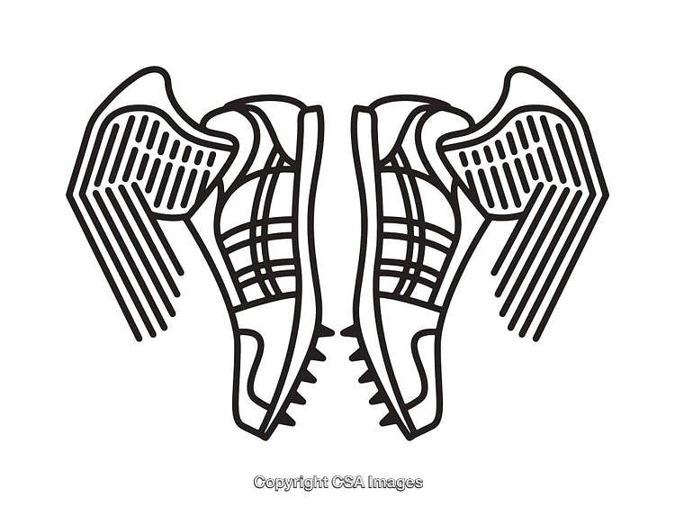 Black and White Line Art Illustration of Winged Athletic Shoes