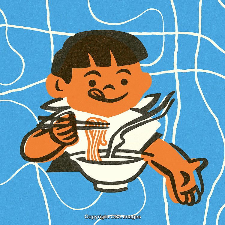 Illustrated Child Enjoying a Bowl of Noodles with Eye-Catching Blue Background
