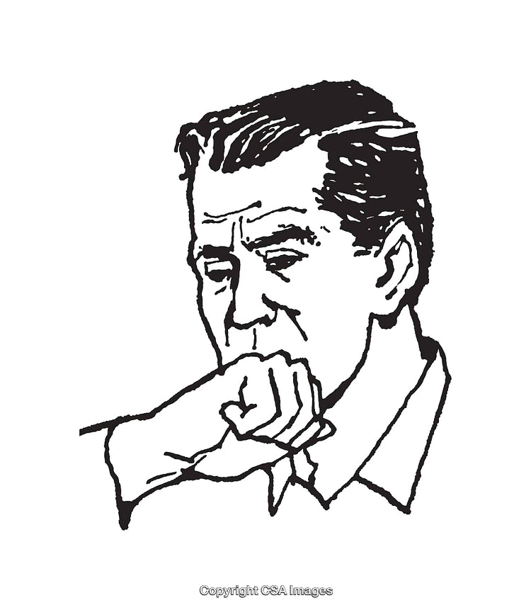 Black and White Line Drawing of a Thoughtful Man in Contemplation
