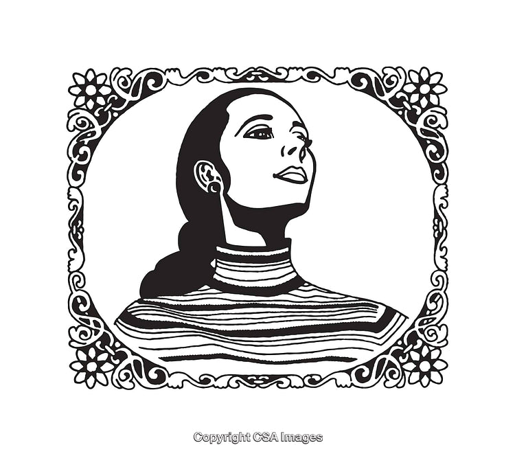 Black and White Line Art Woman Portrait with Decorative Frame