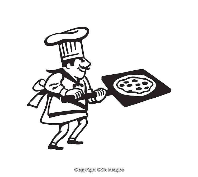 Chef Cooking Pizza Illustration in Black and White Line Art Style