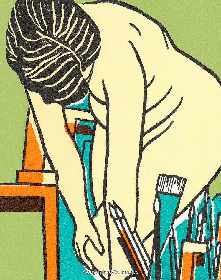 Expressionist Illustration of a Nude Figure with Art Supplies