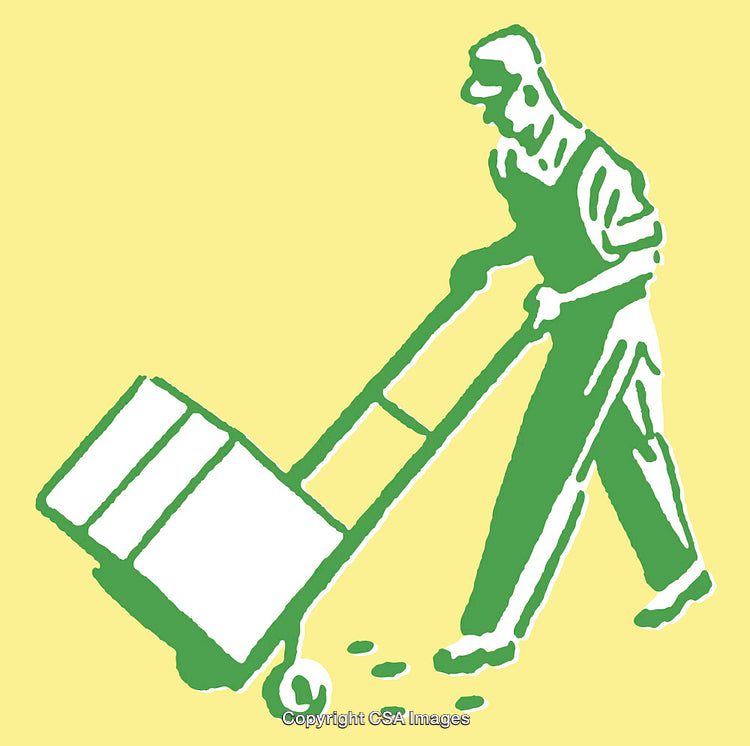 Worker Pushing Hand Truck with Boxes in Colorful Line Art Illustration