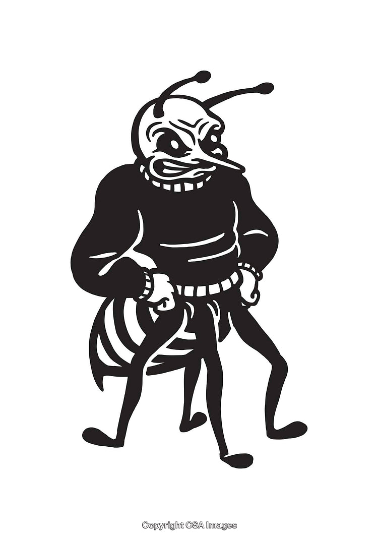 Black and White Cartoon Illustration of a Muscular Bee Character