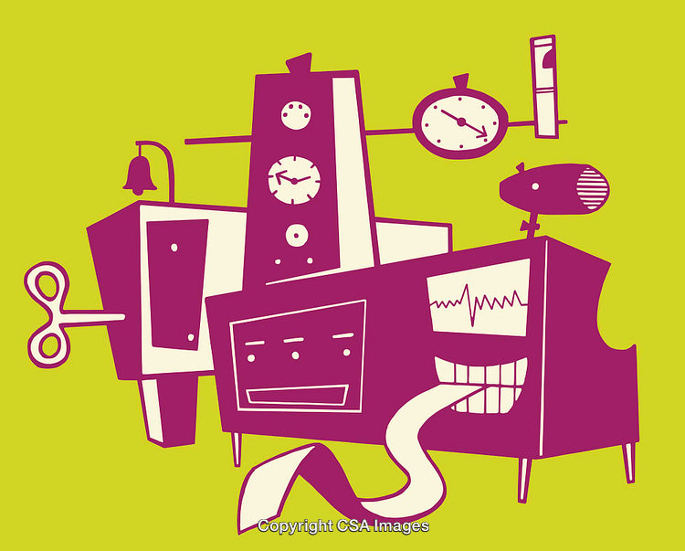 Whimsical Colorful Machine Illustration with Vibrant Green and Purple Tones