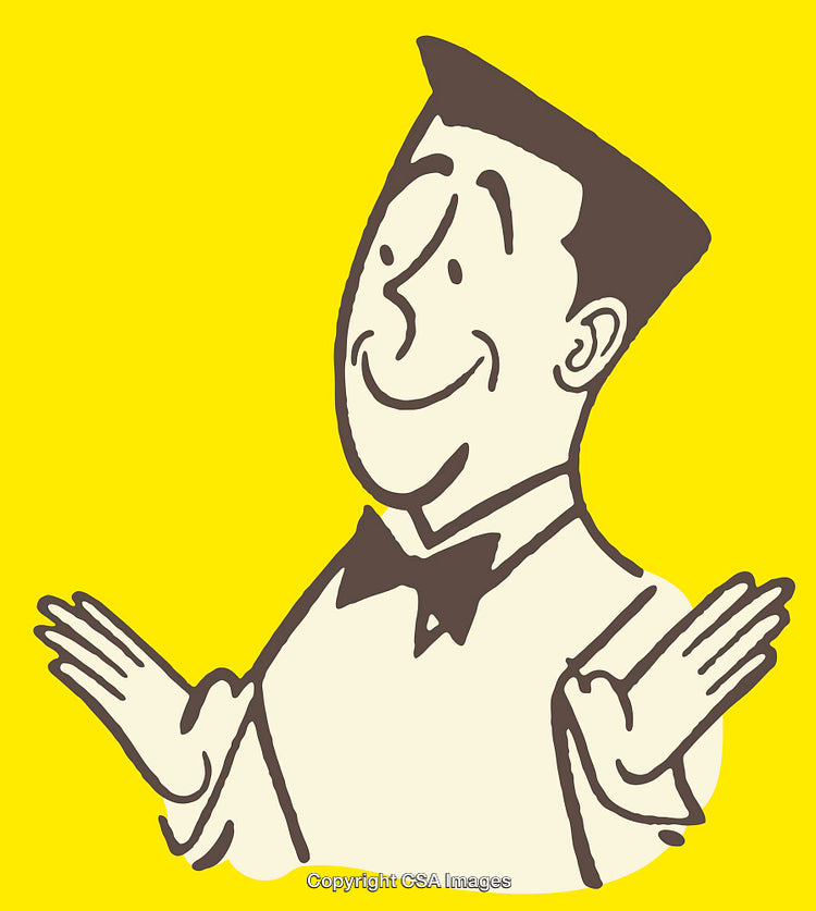 Retro Style Cartoon Waiter with Hands Out on Yellow Background