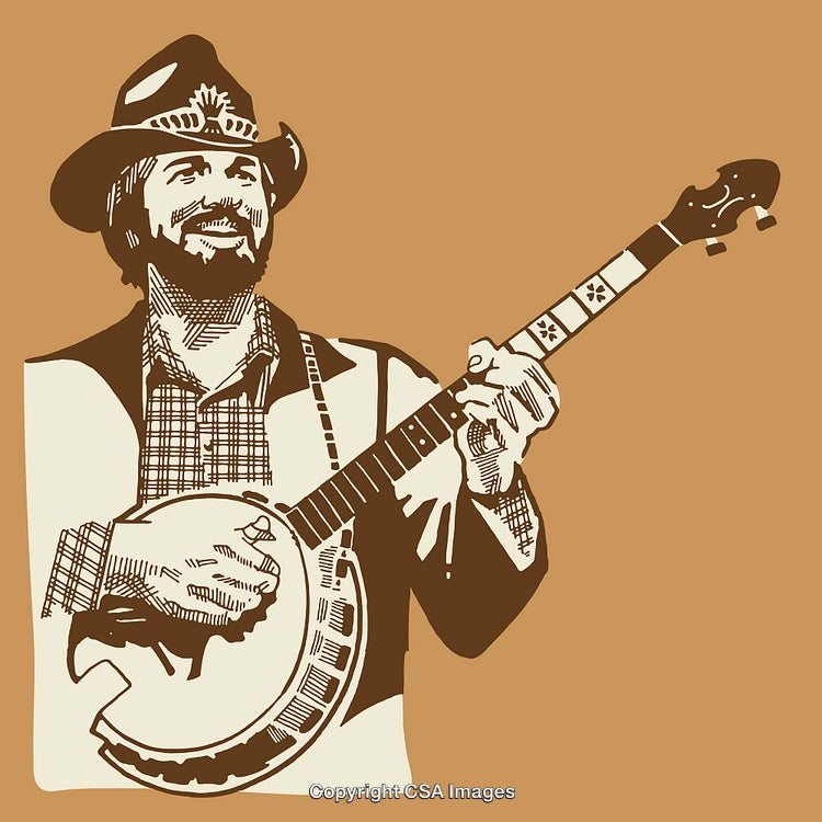 Vintage Illustration of a Smiling Man Playing a Banjo in Hat