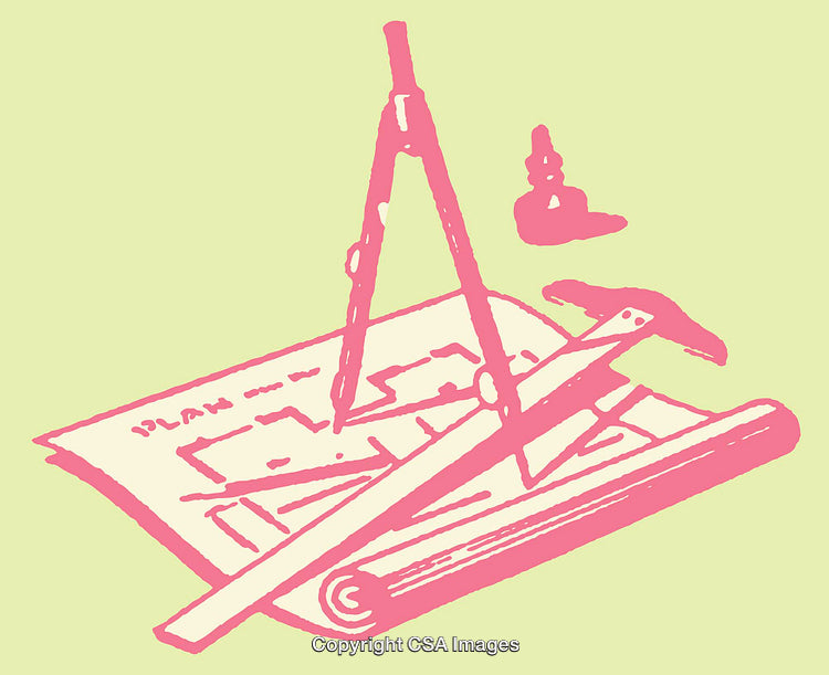 Architectural Supplies Illustration Featuring Technical Tools and Blueprint Designs