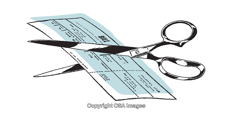 Illustration of Scissors Cutting Through a Printed Paper Bill
