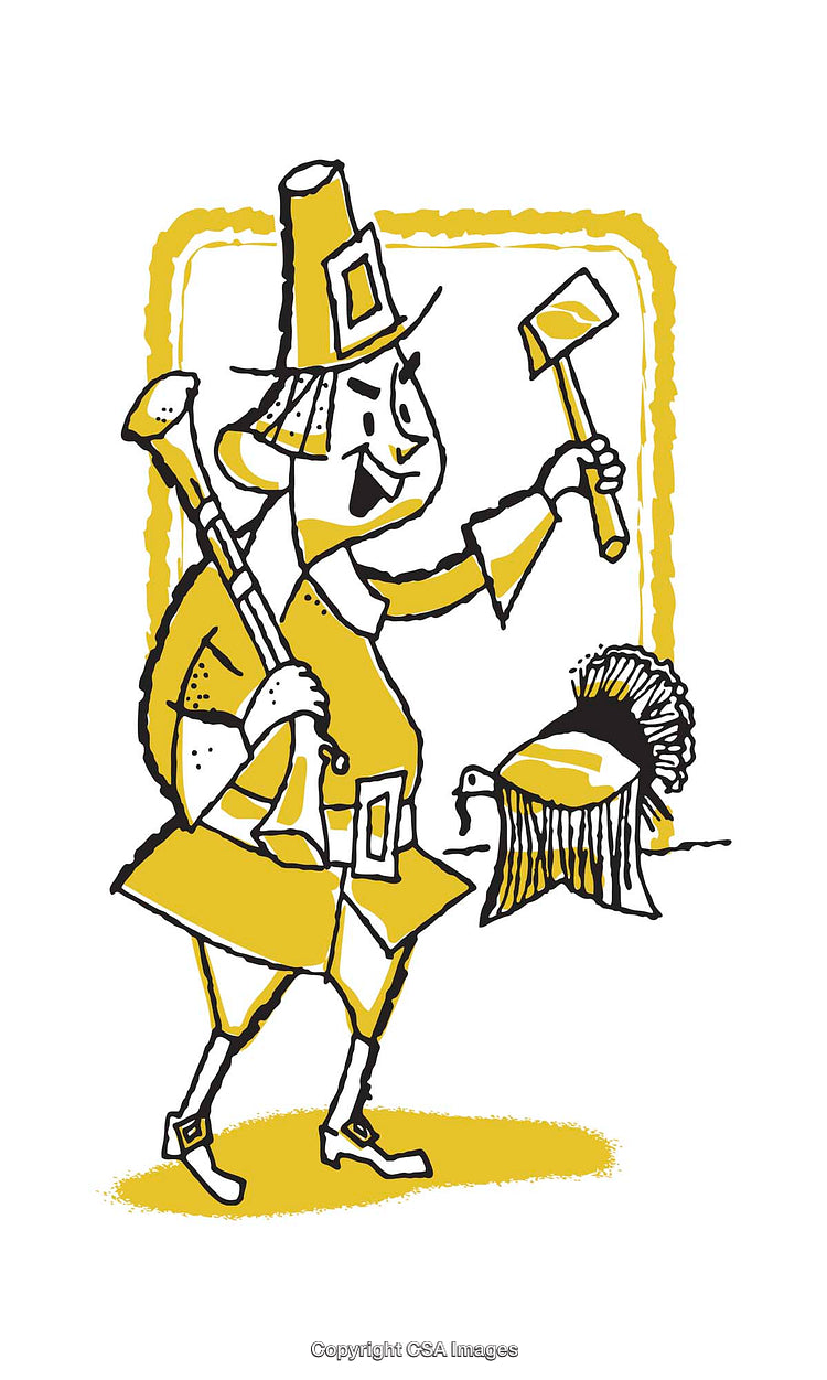 Colorful Illustration of a Pilgrim with Turkey and Tools in Hand