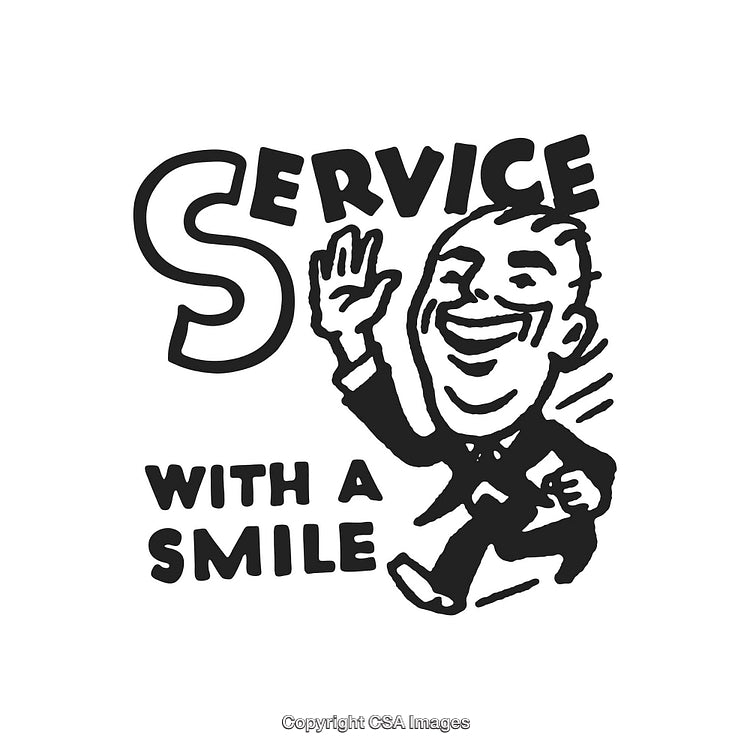 Retro Illustration of Smiling Character Promoting Friendly Service in Black and White