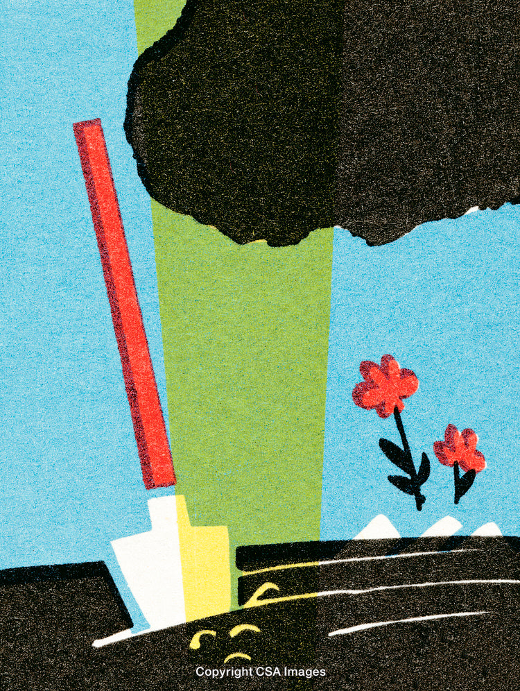 Abstract Artwork Featuring Minimalist Flowers and Geometric Elements in Vibrant Colors
